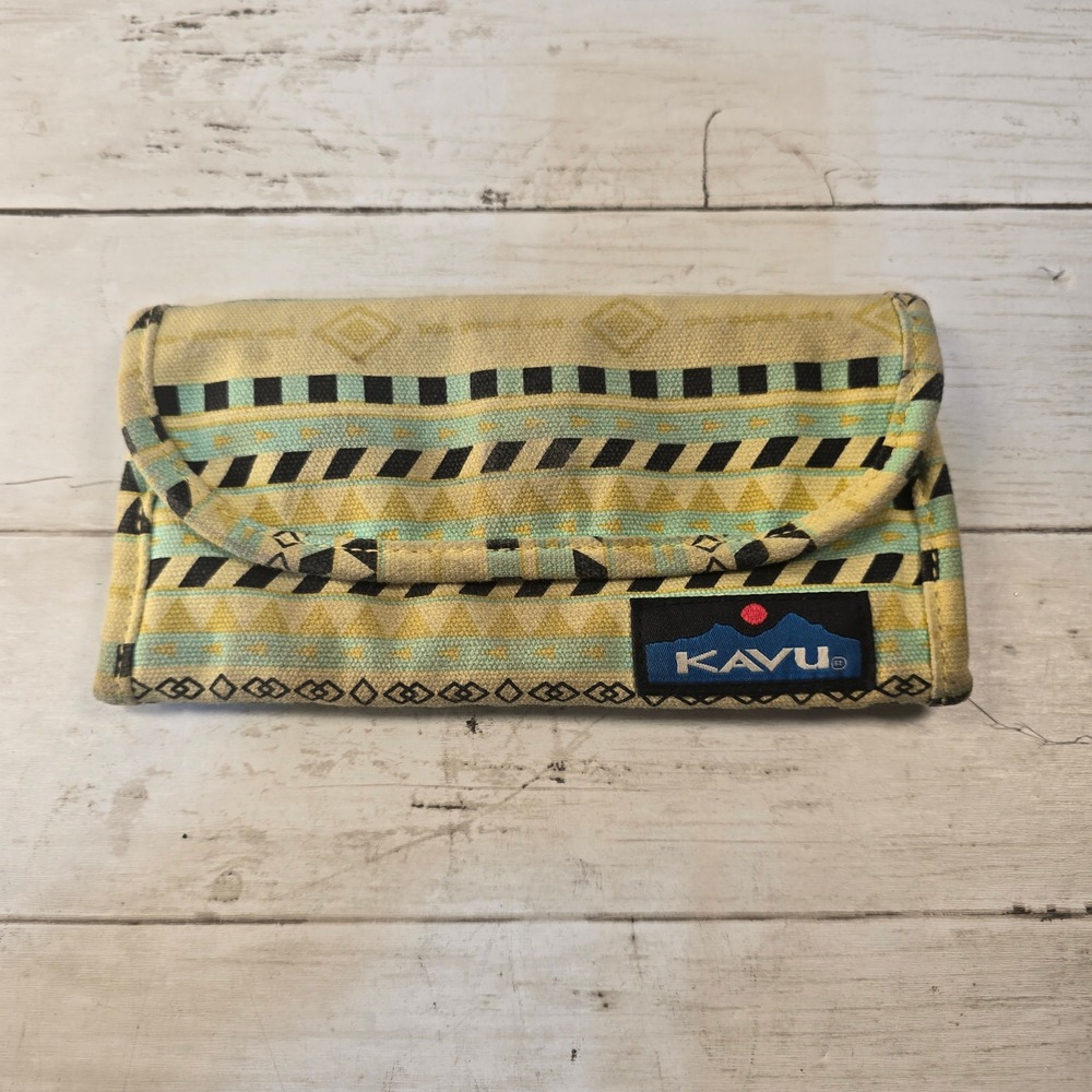 KAVU Big Spender Wallet Geometric Southwestern Canvas Tri-Fold Yellow Teal